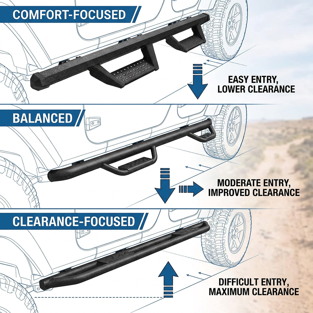 Running board styles on a 2014 Wrangler: entry comfort vs clearance